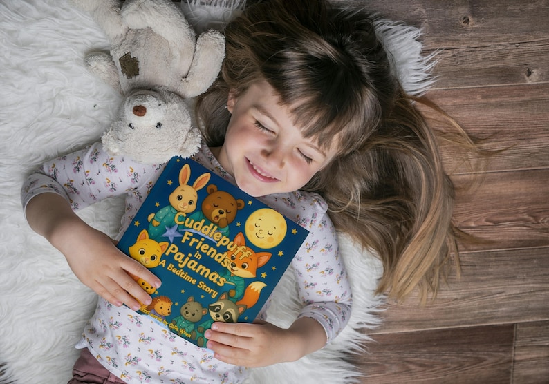 May include: A child lies on a white fluffy rug, holding a children's book titled "Cuddlepuff Friends in Pajamas." The book cover features cartoon animals. A stuffed bear and a teddy bear are also present.