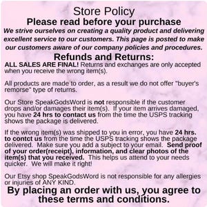 May include: A rectangular store policy sign with black text on a light pink marble background. The text outlines company procedures, including refund and return policies, damage reporting requirements within 24 hours, and a disclaimer of liability.