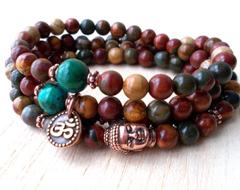 108 Mala Beads Buddhist Necklace, Buddha Mala OM Necklace, Buddhist Jewelry, Meditation Necklace, Spiritual Jewelry, Jasper, Chrysocolla