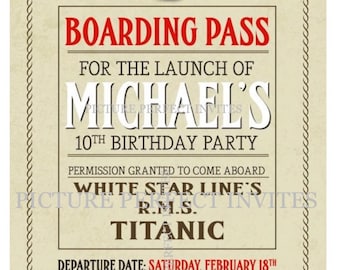 May include: A vintage-style boarding pass for a birthday party. The pass is titled "Boarding Pass" and features the text "For the Launch of Michael's 10th Birthday Party". The pass is decorated with a red star and the text "White Star Line's R.M.S. Titanic". The pass also includes the date and time of the party: "Saturday, February 18th, 2PM".