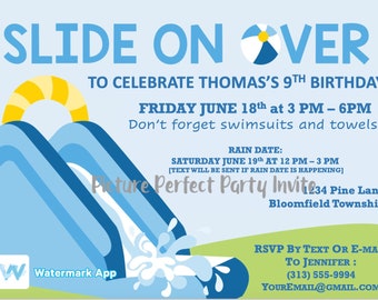 Personalized digital file invitation water slide, Summer, Pool Party party birthday party invite / invitation file. DIGITAL FILE