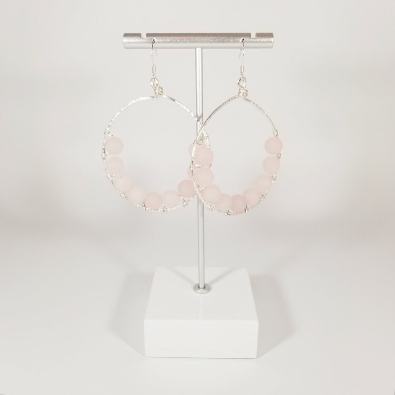 boho hand forged bohemian handmade pink beads pink earring textured wire Rose quartz beaded hoops on silver wire pink and silver