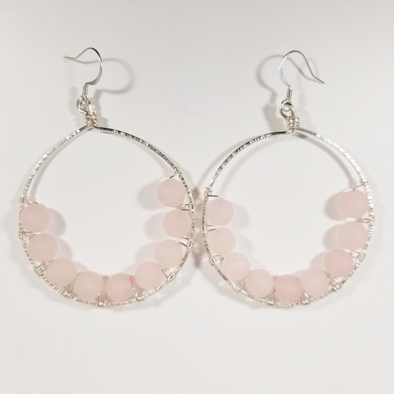 boho hand forged bohemian handmade pink beads pink earring textured wire Rose quartz beaded hoops on silver wire pink and silver