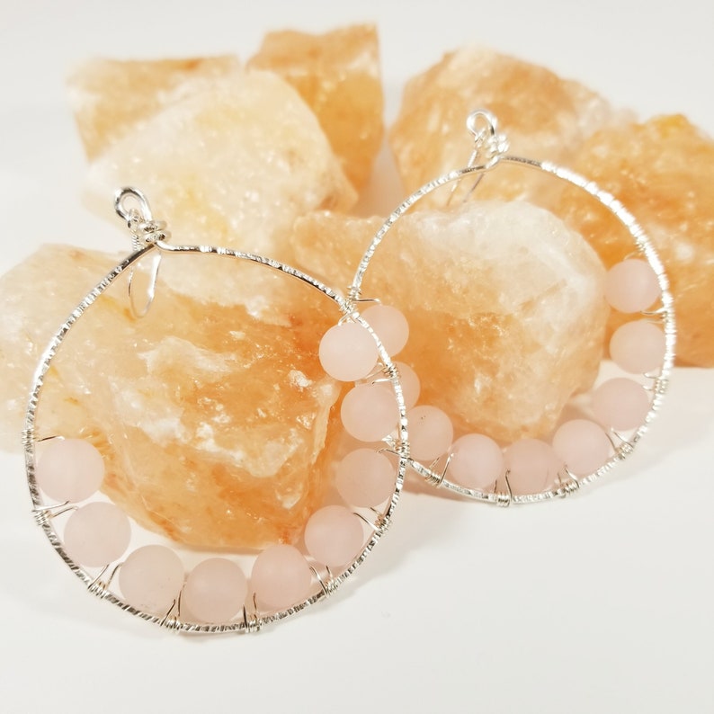 boho hand forged bohemian handmade pink beads pink earring textured wire Rose quartz beaded hoops on silver wire pink and silver