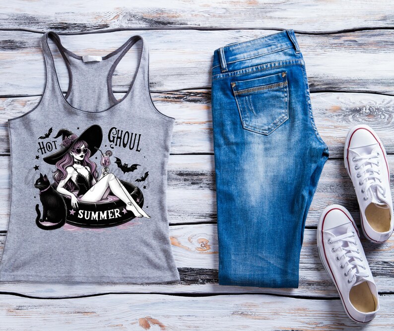 May include: A gray tank top with a graphic print of a witch in a pool with the text "Hot Ghoul Summer".
