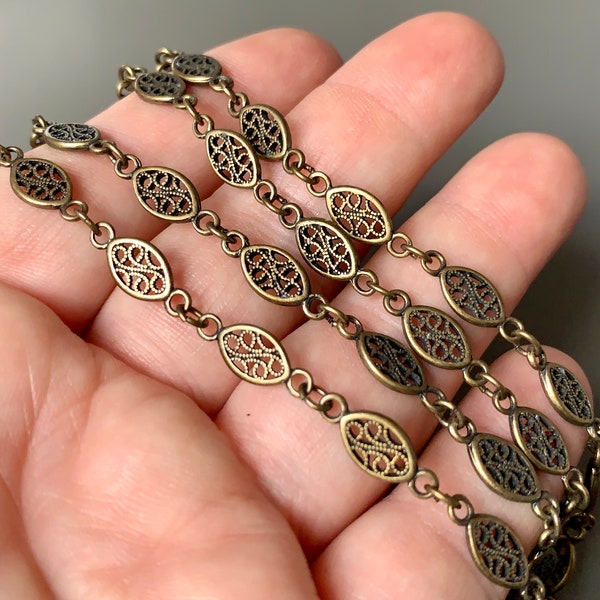 Gorgeous antique brass chain!!! Love the filigree links! Sold per one yard piece. SKU chain253