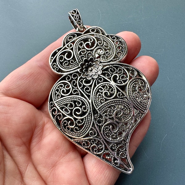 Absolutely show stopping HUGE filigree pendant! Heart charm, filigree motif, inspired by an antique! Sold per piece. SKU 16101