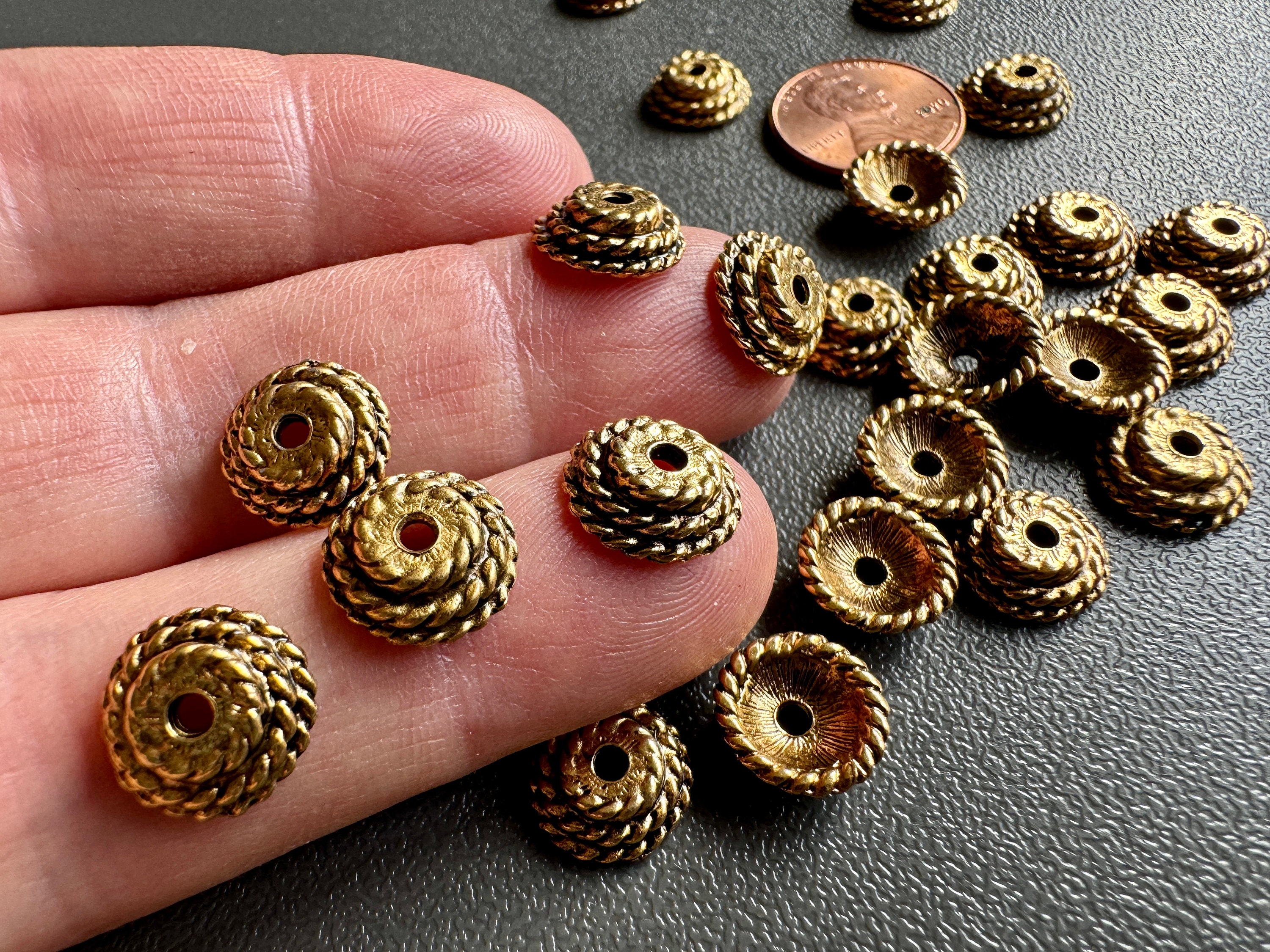 Substantial Brass Ox Finished Bead Caps. Twisted Rope Style