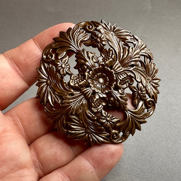 Gorgeous finish on these large intricate floral/leaves/scroll motif brass filigree/stamping! From the Haskell estate.