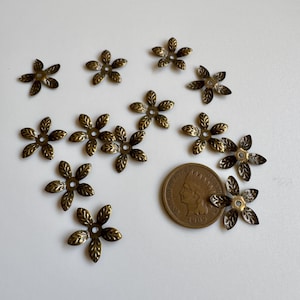 Può includere: Una collezione di dodici piccole perline in metallo a forma di fiore a cinque petali con finitura in bronzo antico, ciascuna dotata di un foro centrale. Una moneta in rame Indian Head del 1909 è inclusa come riferimento, con 1,9 cm di diametro.