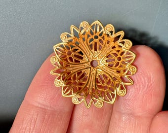 Ingenious custom gold plated brass filigree pieces. Dapped inward, to create a deep depression/cereal bowl shape!! Sold per piece. SKU 13610
