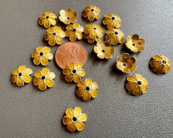 Lovely vintage enameled bead caps. Chrysanthemum yellow on gold plated metal!