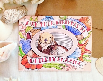 Otter Birthday Card, Illustrated Pun Card (Recycled)