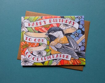 Chickadee Birthday Card: Illustrated Recycled Cardstock