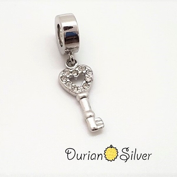 Sterling Silver Key to My Heart Charm with Clear Zircon, Wedding Gift, Bridesmaid Gift