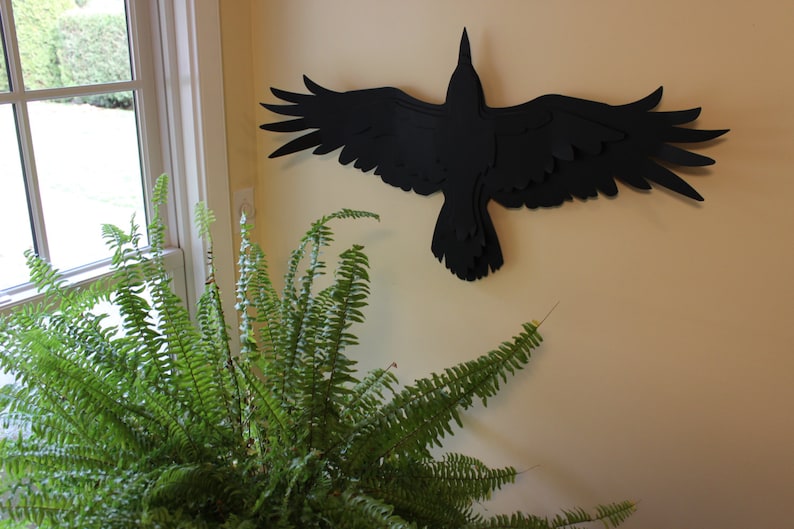 Free Shipping, Steel Crow Sculpture, Raven Garden Sculpture, Flying Raven, Raven Decoration, Matt Black, Yard Art, Raven image 2