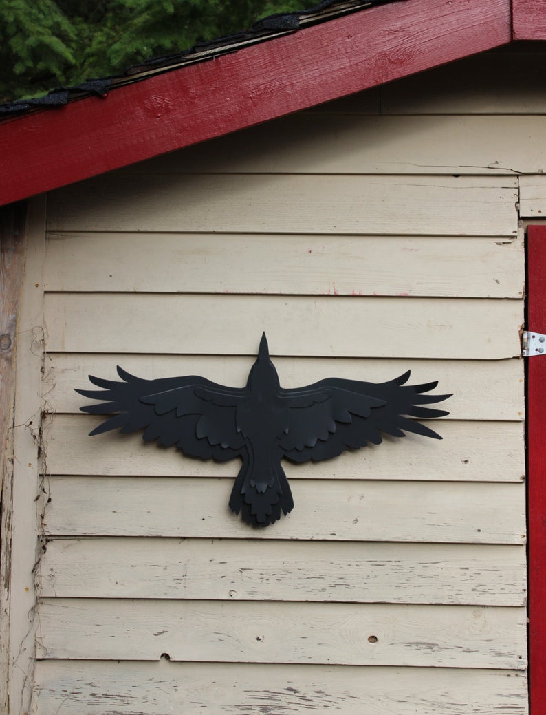 Free Shipping, Steel Crow Sculpture, Raven Garden Sculpture, Flying Raven, Raven Decoration, Matt Black, Yard Art, Raven image 3