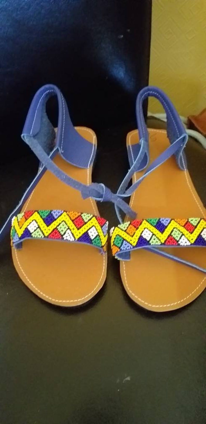 Handmade Genuine leather beaded sandals in Zulu beads.