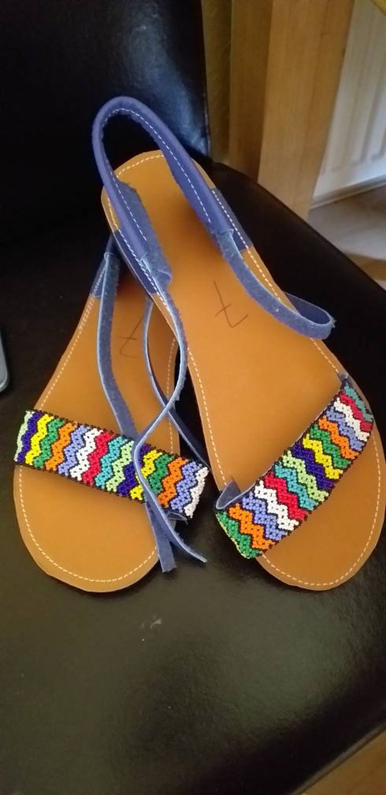 Handmade Genuine leather beaded sandals in Zulu beads.
