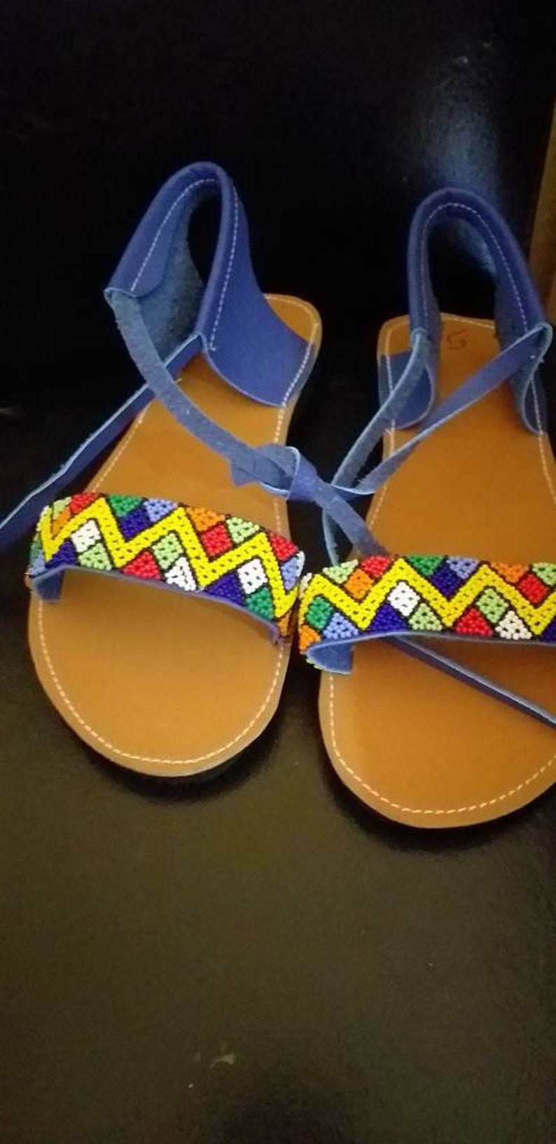 Handmade Genuine leather beaded sandals in Zulu beads.