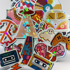 90s Retro Sticker Pack Nostalgia Sticker Pack - 22 Pack Holographic Stickers -Vintage 90's Baby Rollerskates, Ringpop, vhs, Hippie Stickers