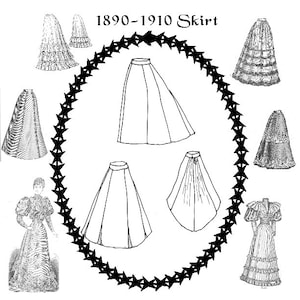 May include: A black and white line drawing illustration of different skirt styles from the 1890s to 1910s. The title "1890-1910 Skirt" is at the top of the image.