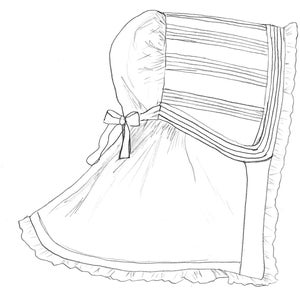 May include: A white bonnet with a ruffled edge and a bow at the back. The bonnet has a striped pattern and is made of a lightweight fabric.