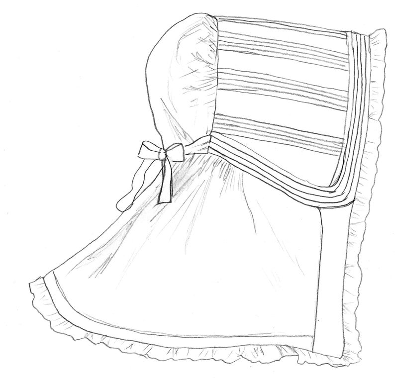 May include: A white bonnet with a ruffled edge and a bow at the back. The bonnet has a striped pattern and is made of a lightweight fabric.