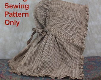 May include: A brown and white gingham bonnet with a ruffled edge and a side tie closure. The text Listing for Sewing Pattern Only is printed in red on the left side of the image. The bonnet features a gathered crown and a wide brim.