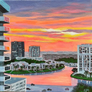 URBAN SUNSET! Original Acrylic Painting, Miami Cityscape, Sunrise, Sunset, Colorful Skyline, Modern Decor, Canals, Florida Retro Art Deco