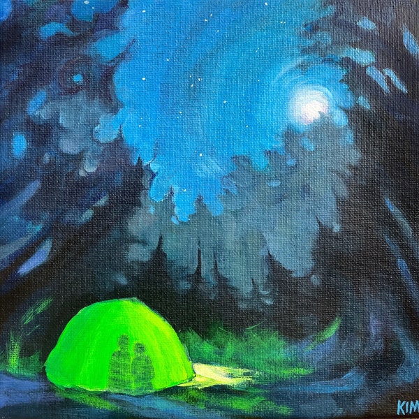 MOONLIGHT CAMPING! Original Acrylic Painting, Fluorescent Art, Hiker Art, Nature Lover, Night Sky, Trees, Stars, Celestial, Camper, Tent