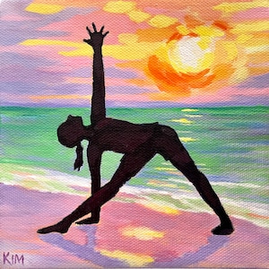 YOGA INSPIRATION! Original Acrylic Miniature Painting, Yoga Triangle Pose, Namaste Zen Art, Meditation Spa Decor, Sunrise Beach Painting