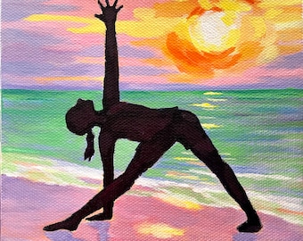 Yoga Triangle Pose Painting: Original Acrylic Zen Art, Beach Sunrise