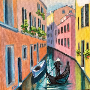REFLECTIONS IN VENICE! Original Miniature Acrylic Painting, Venice Italy Art, Canals, Alleyway, Gondolier, Boat Ride, Buildings, Reflections