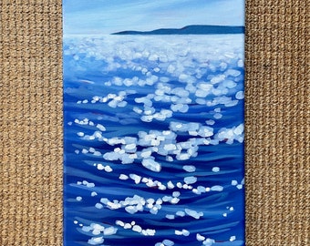 Original Bokeh Lake Painting: Glimmering Water Reflections, Nautical Art