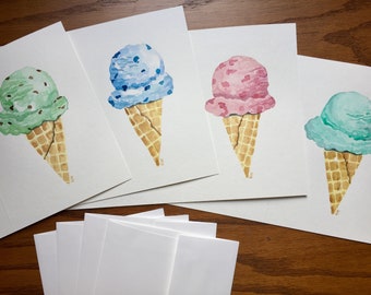 Original Watercolor Ice Cream Cone Notecards - Set of 4