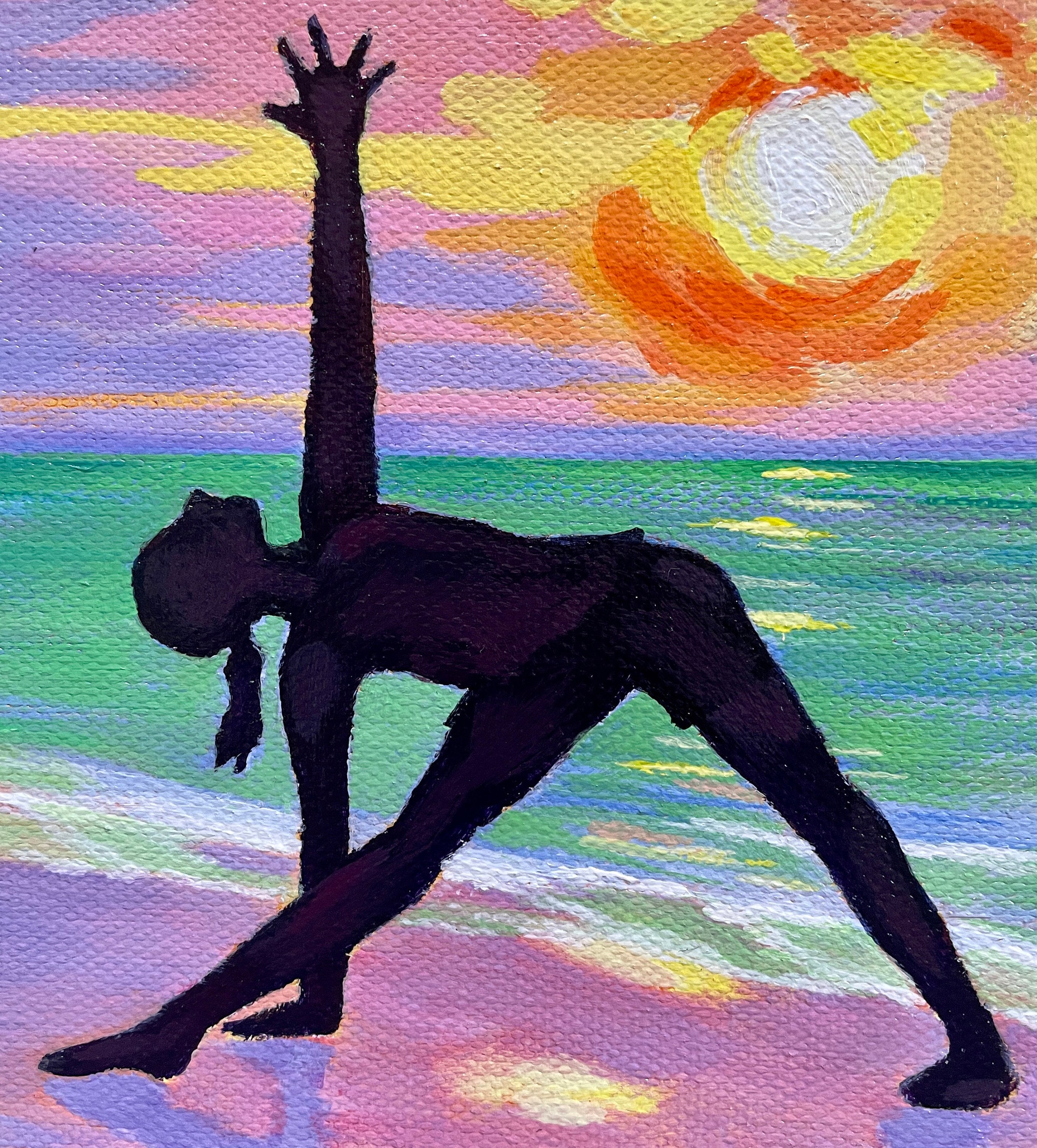 Yoga Triangle Pose Painting: Original Acrylic Zen Art, Beach