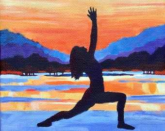 Yoga Warrior Pose Miniature Painting: Zen Sunset Acrylic Art