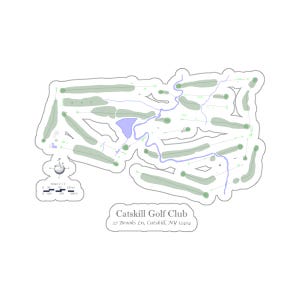 Puede incluir: Un mapa de campo de golf verde y blanco con un río azul que lo atraviesa. El mapa está etiquetado como "Catskill Golf Club" e incluye la dirección "27 Brooks Ln, Catskill, NY 12414".