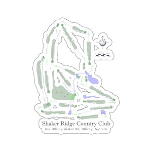 May include: A green and blue golf course map with the text "Shaker Ridge Country Club" and "802 Albany Shaker Rd., Albany, NY 12211".