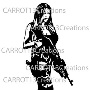 Femme avec une arme automatique - Fichiers SVG, JPG, PNG pour un projet artistique ou un sticker vinyle