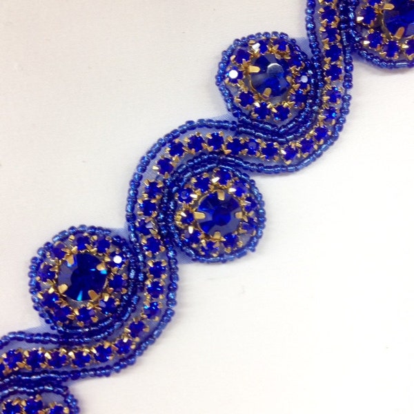 Rhinestones  trim with Royal blue Crystal Stones/gold setting Wedding Embellishments Price For 1/2 yard