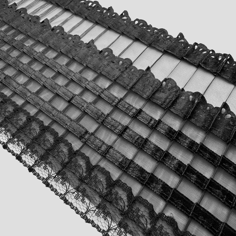 May include: Black lace trim with a grid pattern. The lace has a scalloped edge and is made of a delicate, sheer fabric.