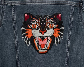Écusson thermocollant grand format tête de tigre, 19 cm x 20 cm (7,5 po x 8 po), appliqué brodé pour vestes, sacs à dos et projets de bricolage