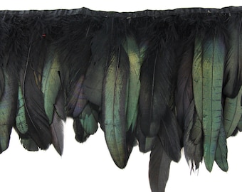 Black rooster coque tail feathers, strung, per yard / Wholesale bulk feathers 5" -7" long price per yard
