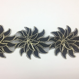 Embroidered Metallic Gold/Black Flower Lace Trim for Bridal Costume or Jewelry, Crafts and Sewing