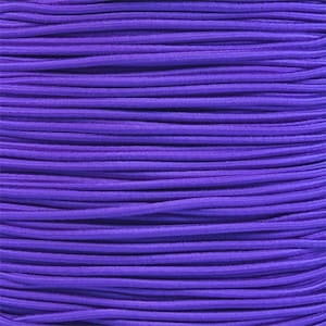 May include: A close-up of a spool of bright purple elastic cord. The cord is tightly wound and has a smooth, shiny finish.