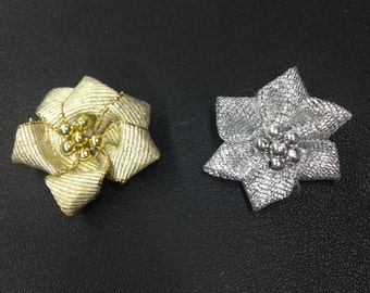 Mini Metallic Gold & Metallic Silver  fabric flower with Beads center - Small ribbon flowers - Mini ribbon flowers(100Pcs /Bag )