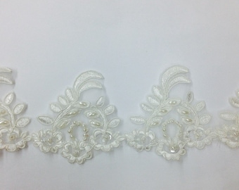 Ivory pearl and sequined lace trim, beading cord lace trim, bridal lace trim selling per yard