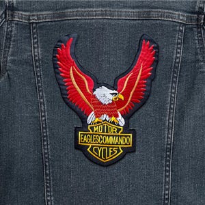 Motorcycle Eagle Iron-On Patch – 10”x7.5”inches – Available in Red and White – Embroidered Appliqué for Jackets, Vests, and Biker Gear